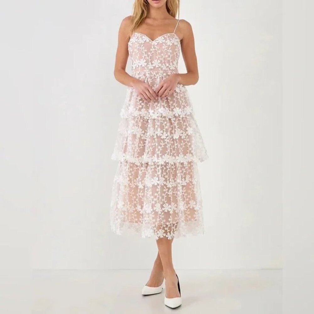 Endless Rose White Floral Lace Tiered Midi Dress